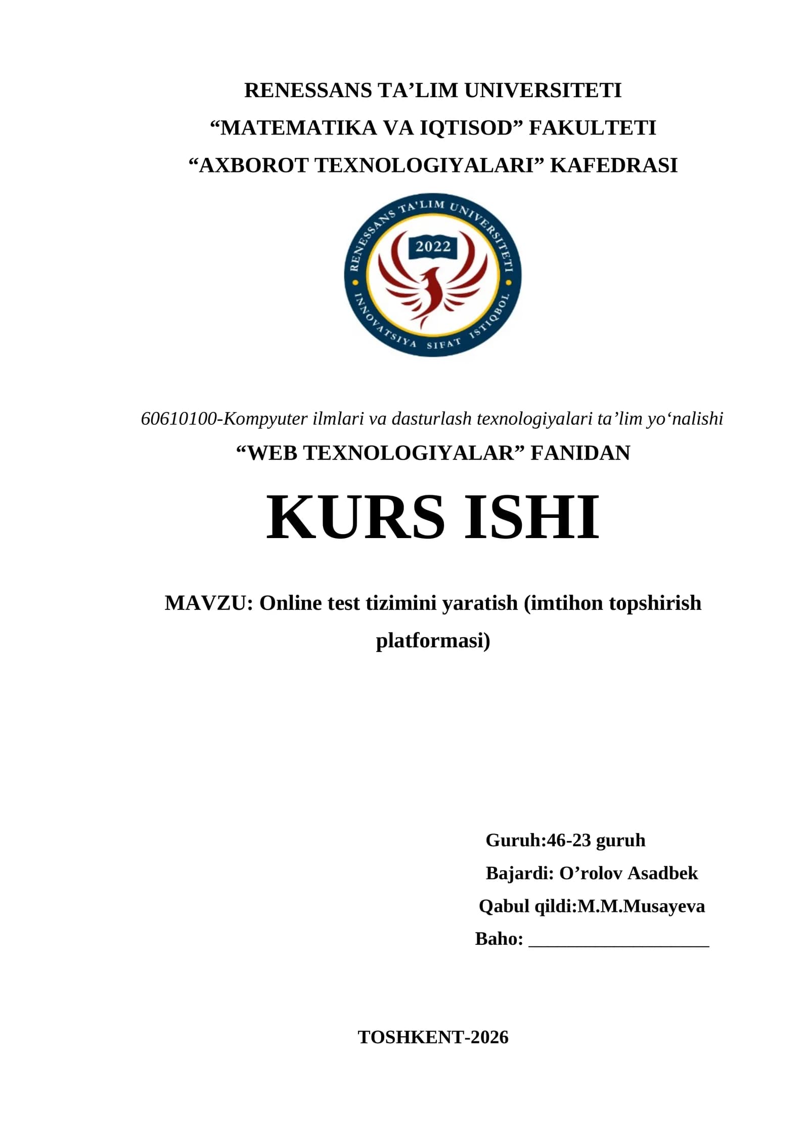 Online test tizimini yaratish (imtihon topshirish platformasi)