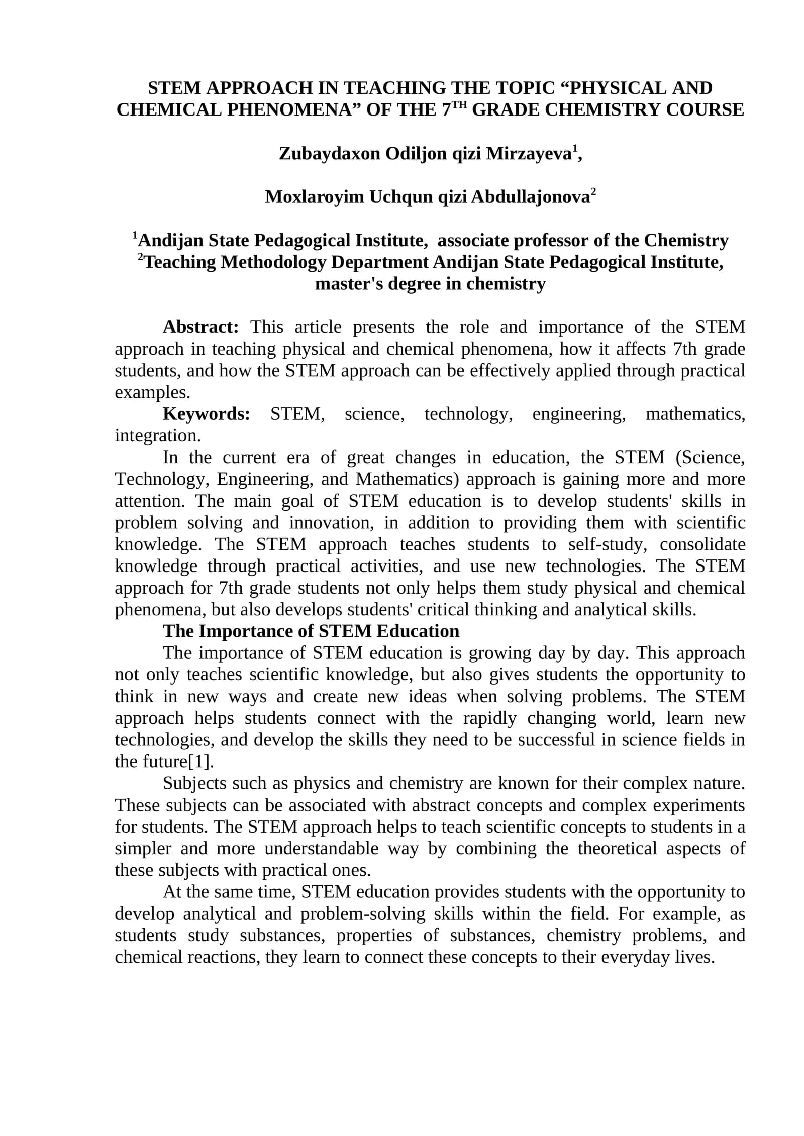 STEM APPROACH IN TEACHING THE TOPIC “PHYSICAL AND CHEMICAL PHENOMENA” OF THE 7TH GRADE CHEMISTRY COURSE