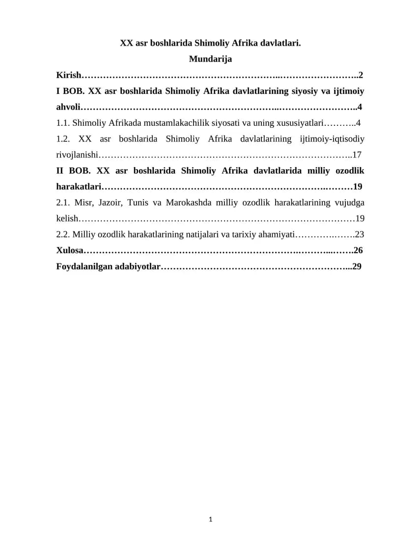 XX asr boshlarida Shimoliy Afrika davlatlari