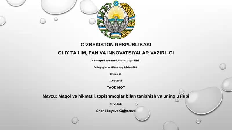 Maqol va hikmatli, topishmoqlar bilan tanishish va uning uslubi
