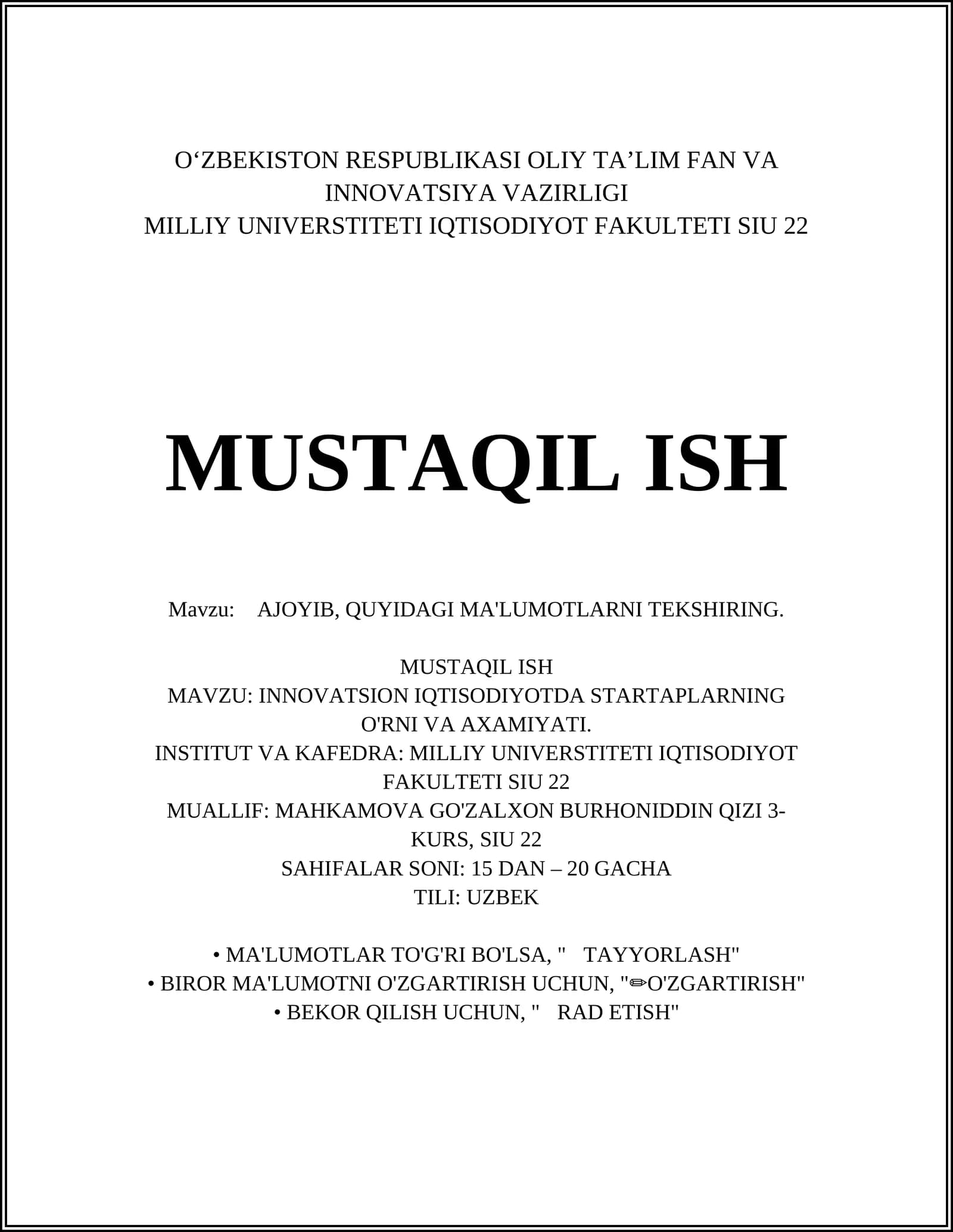 INNOVATSION IQTISODIYOTDA STARTAPLARNING O'RNI VA AXAMIYATI