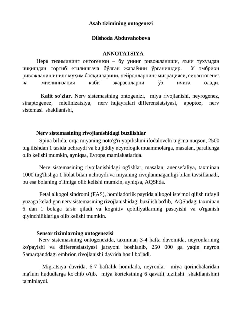 Asab tizimining ontogenezi