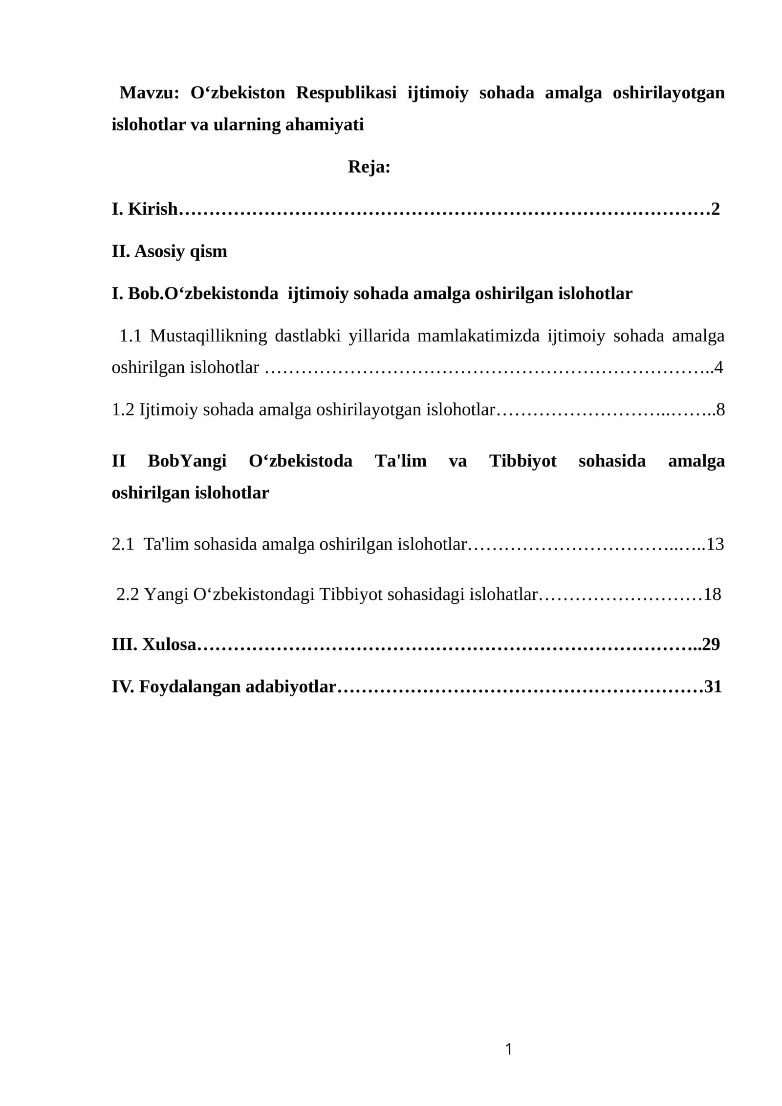 O‘zbekiston Respublikasi ijtimoiy sohada amalga oshirilayotgan islohotlar va ularning ahamiyati