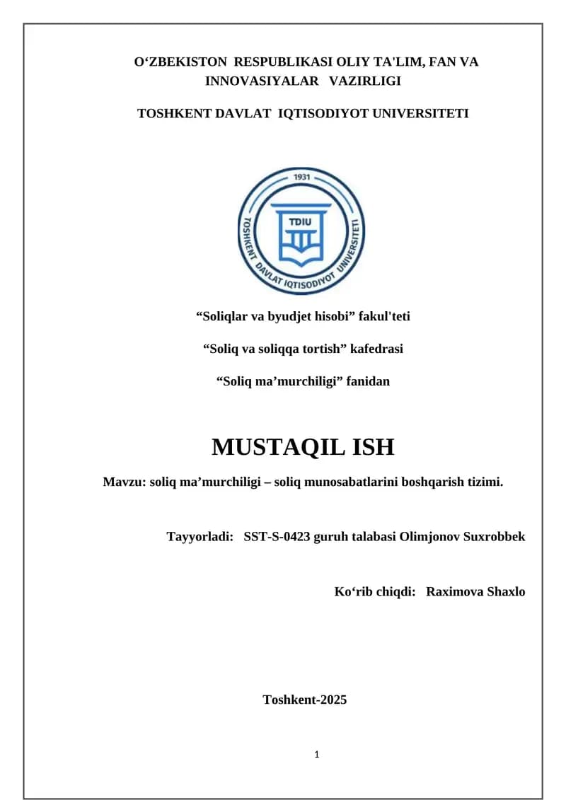 Soliq ma’murchiligi – soliq munosabatlarini boshqarish tizimi