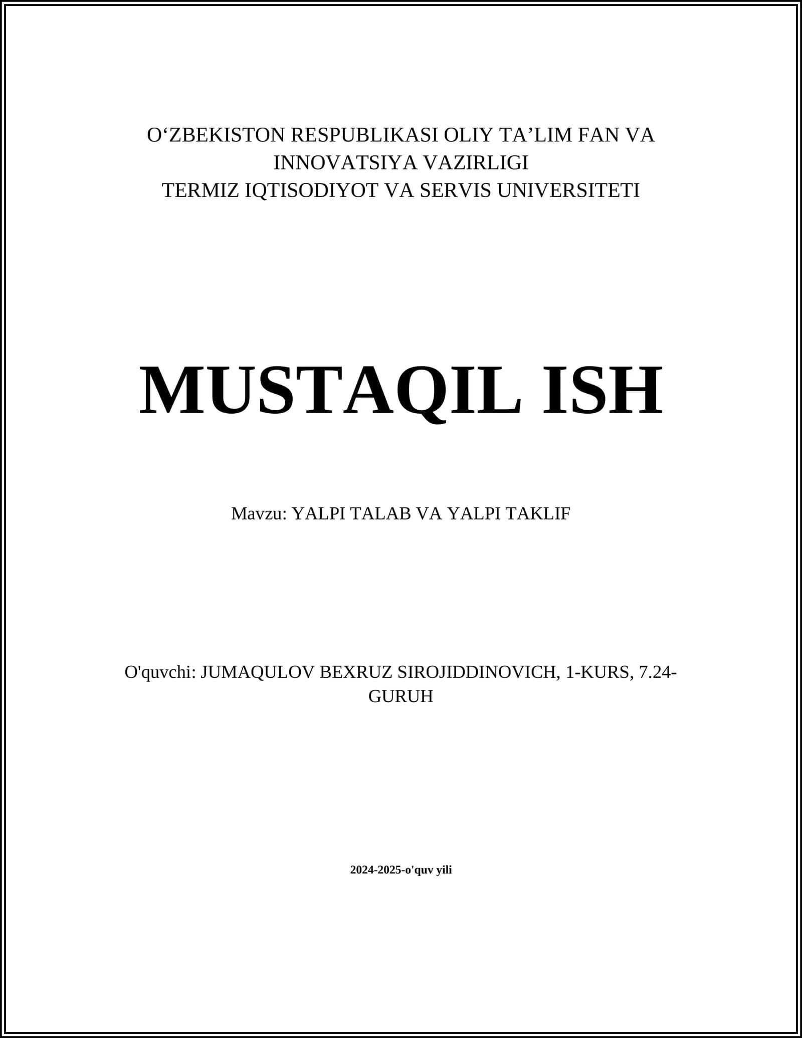 Yalpi talab va yalpi taklif