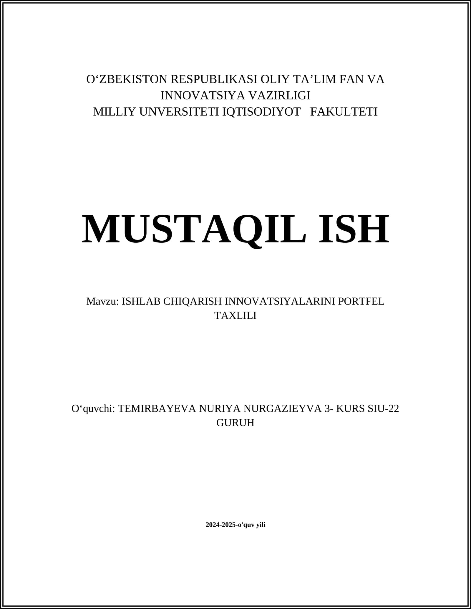 ISHLAB CHIQARISH INNOVATSIYALARINI PORTFEL TAXLILI