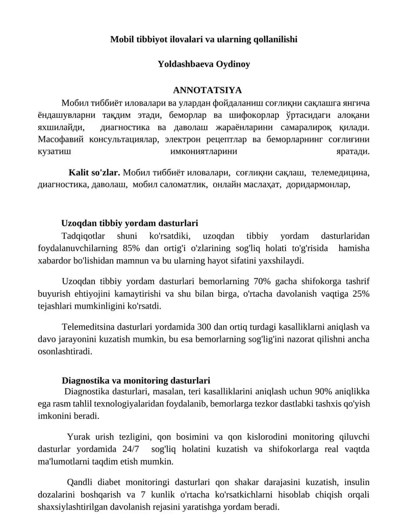 Mobil tibbiyot ilovalari va ularning qollanilishi