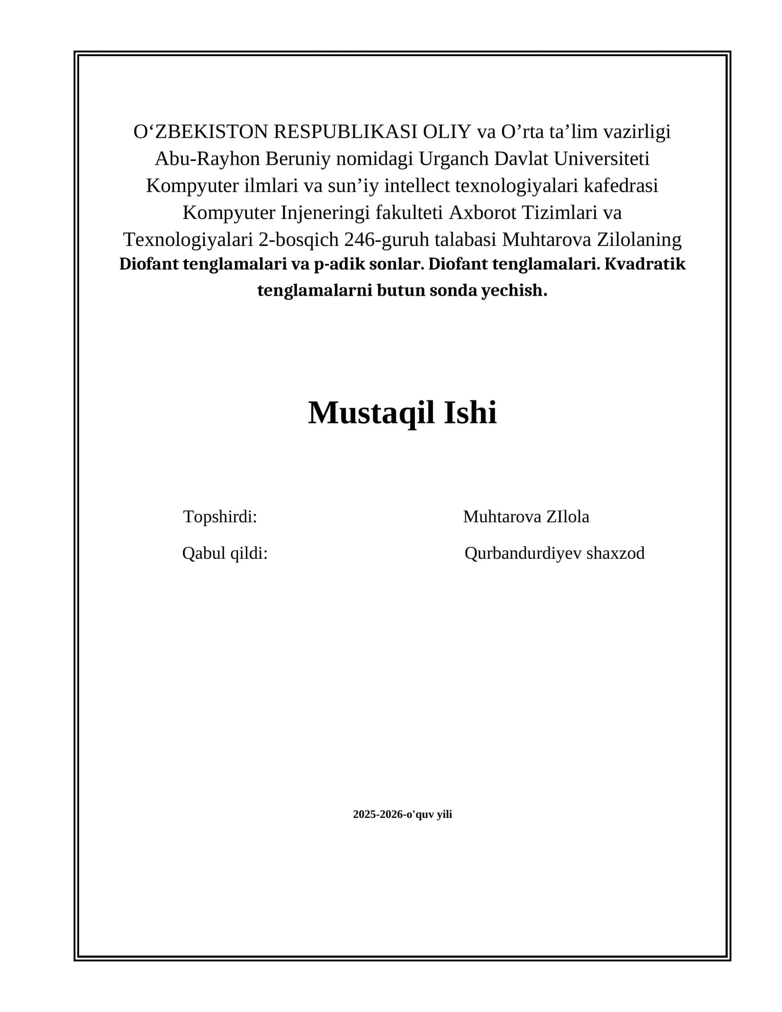 Diofant tenglamalari va p-adik. Kvadratik tenglamalarni butun sonda yechish