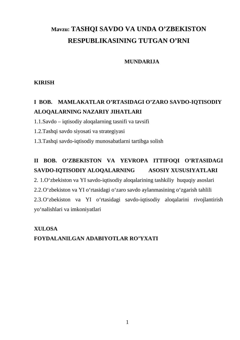 TASHQI SAVDO VA UNDA O’ZBEKISTON RESPUBLIKASINING TUTGAN O’RNI
