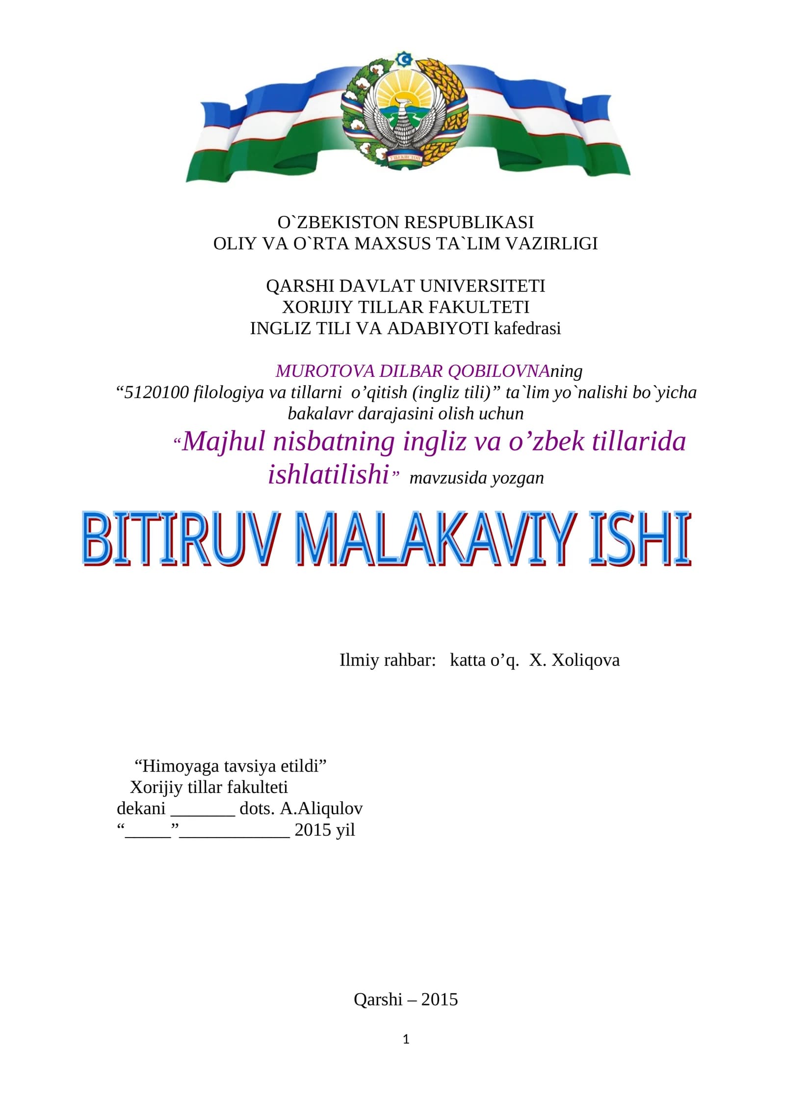 Majhul nisbatning ingliz va o’zbek tillarida ishlatilishi