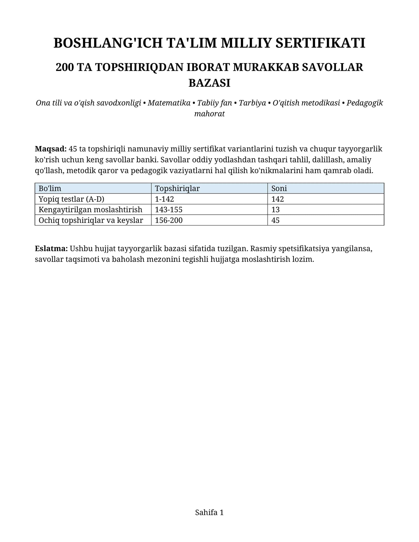 Mavzu: BOSHLANG'ICH TA'LIM MILLIY SERTIFIKATI