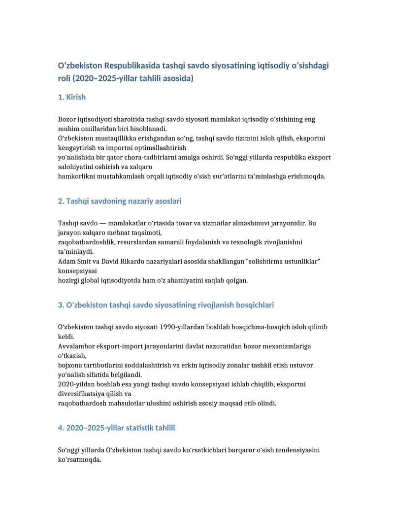 O‘zbekiston Respublikasida tashqi savdo siyosatining iqtisodiy o‘sishdagi roli (2020–2025-yillar tahlili asosida)