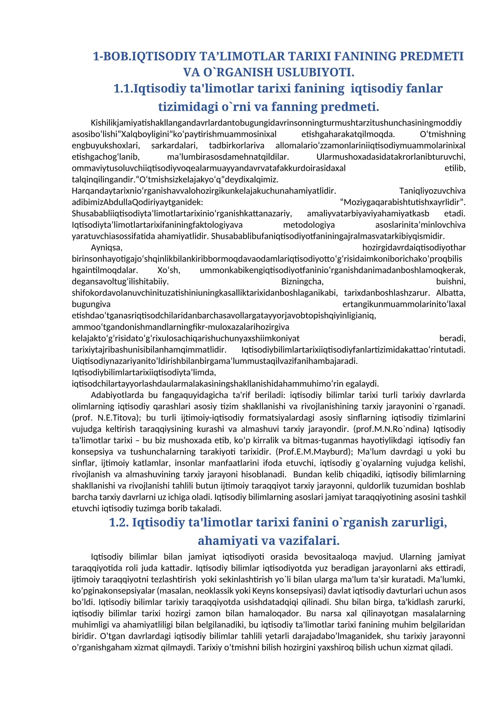 IQTISODIY TА’LIMOTLАR TАRIXI FАNINING PREDMETI VА O`RGАNISH USLUBIYOTI