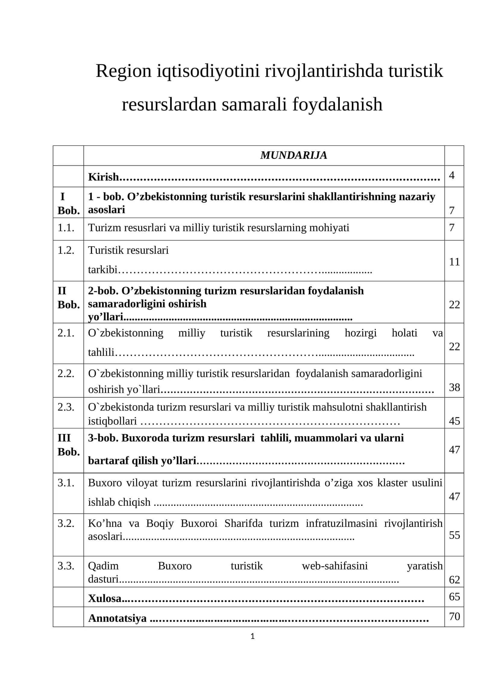 Region iqtisodiyotini rivojlantirishda turistik resurslardan samarali foydalanish