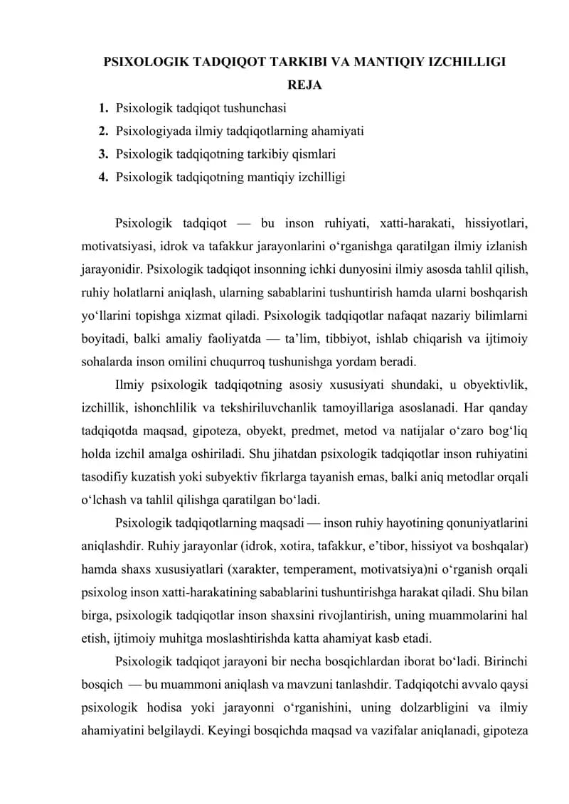 REFERAT PSIXOLOGIK TADQIQOT TARKIBI VA MANTIQIY IZCHILLIGI