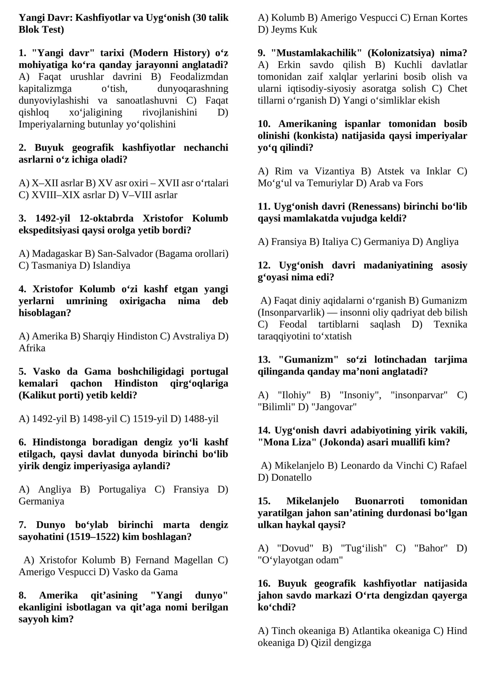 Yangi Davr: Kashfiyotlar va Uyg‘onish (30 talik Blok Test)