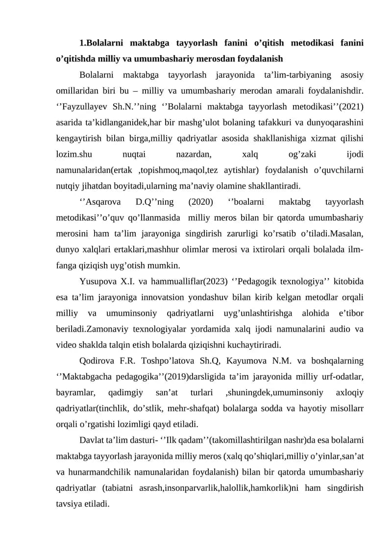 Bolalarni maktabga tayyorlash fanini o’qitish metodikasi