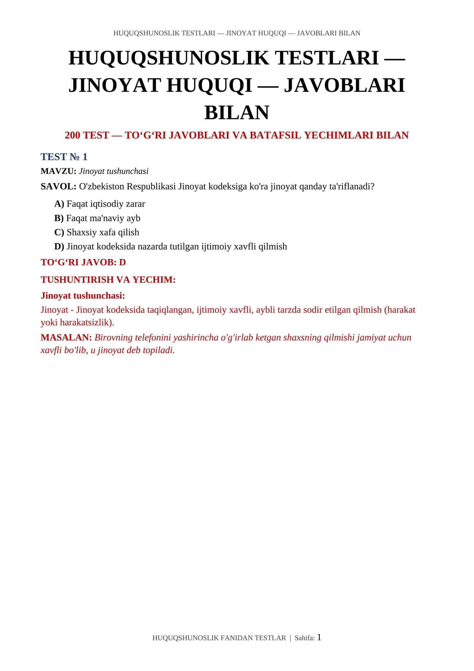 HUQUQSHUNOSLIK TESTLARI — JINOYAT HUQUQI — JAVOBLARI BILAN