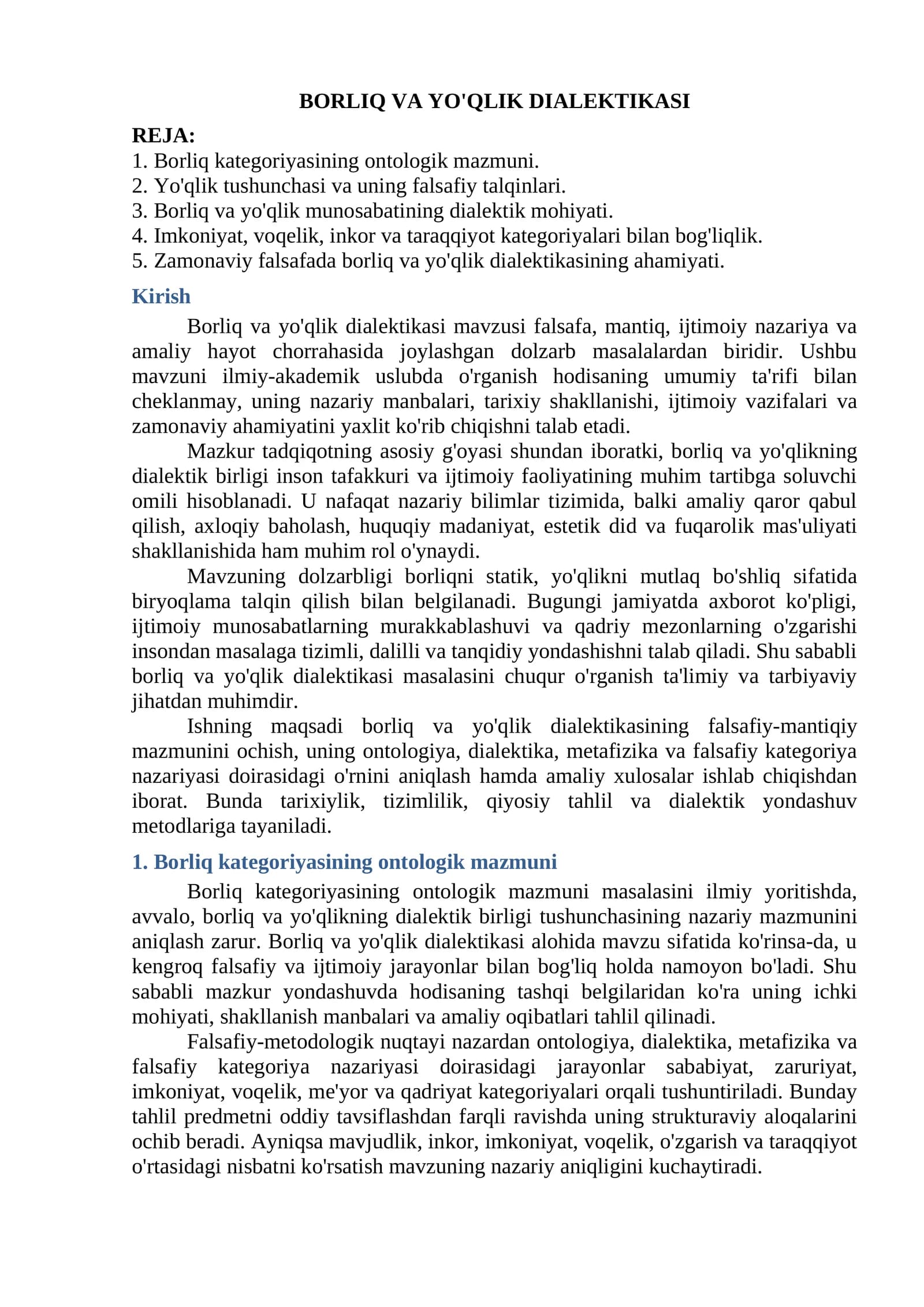 BORLIQ VA YO'QLIK DIALEKTIKASI
