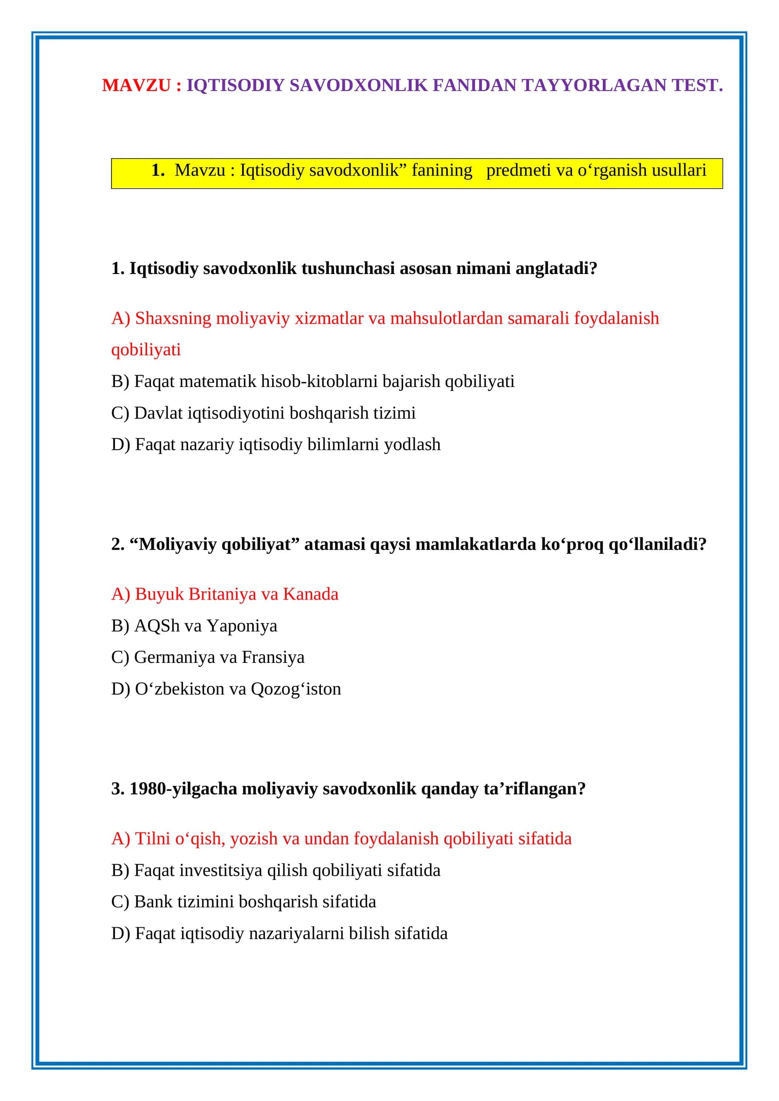 IQTISODIY SAVODXONLIK FANIDAN TAYYORLAGAN TEST. JAVOBLARI BILAN