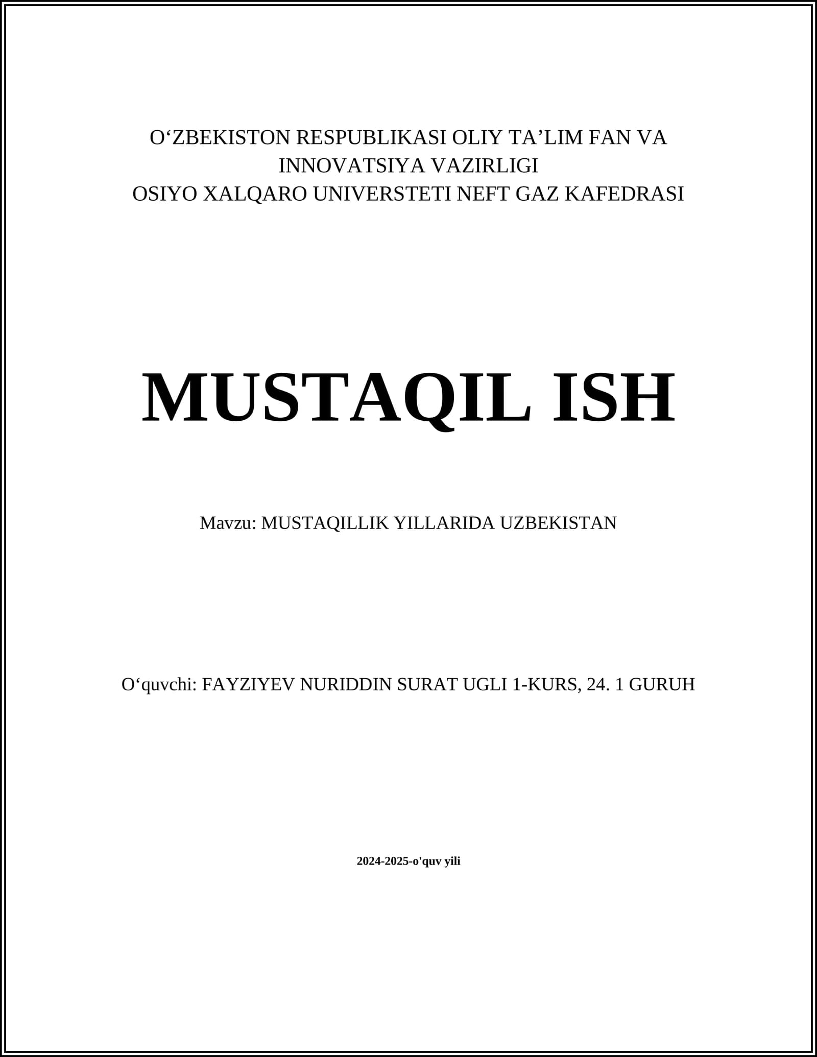 MUSTAQILLIK YILLARIDA UZBEKISTAN