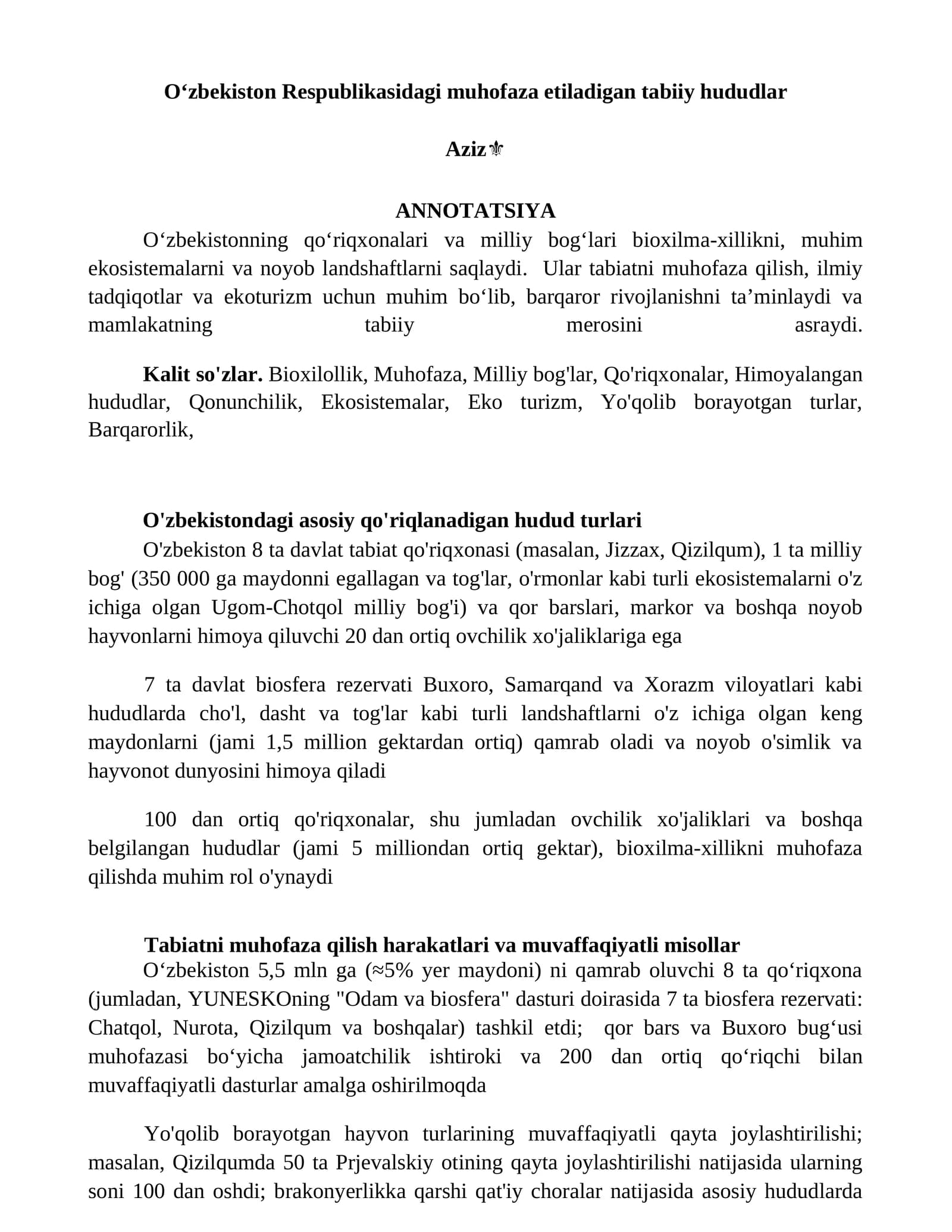 O‘zbekiston Respublikasidagi muhofaza etiladigan tabiiy hududlar