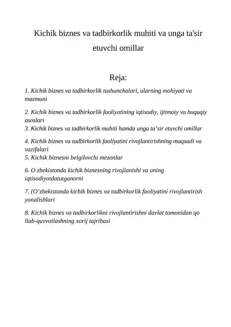 Kichik biznes va tadbirkorlik muhiti va unga ta'sir etuvchi omillar