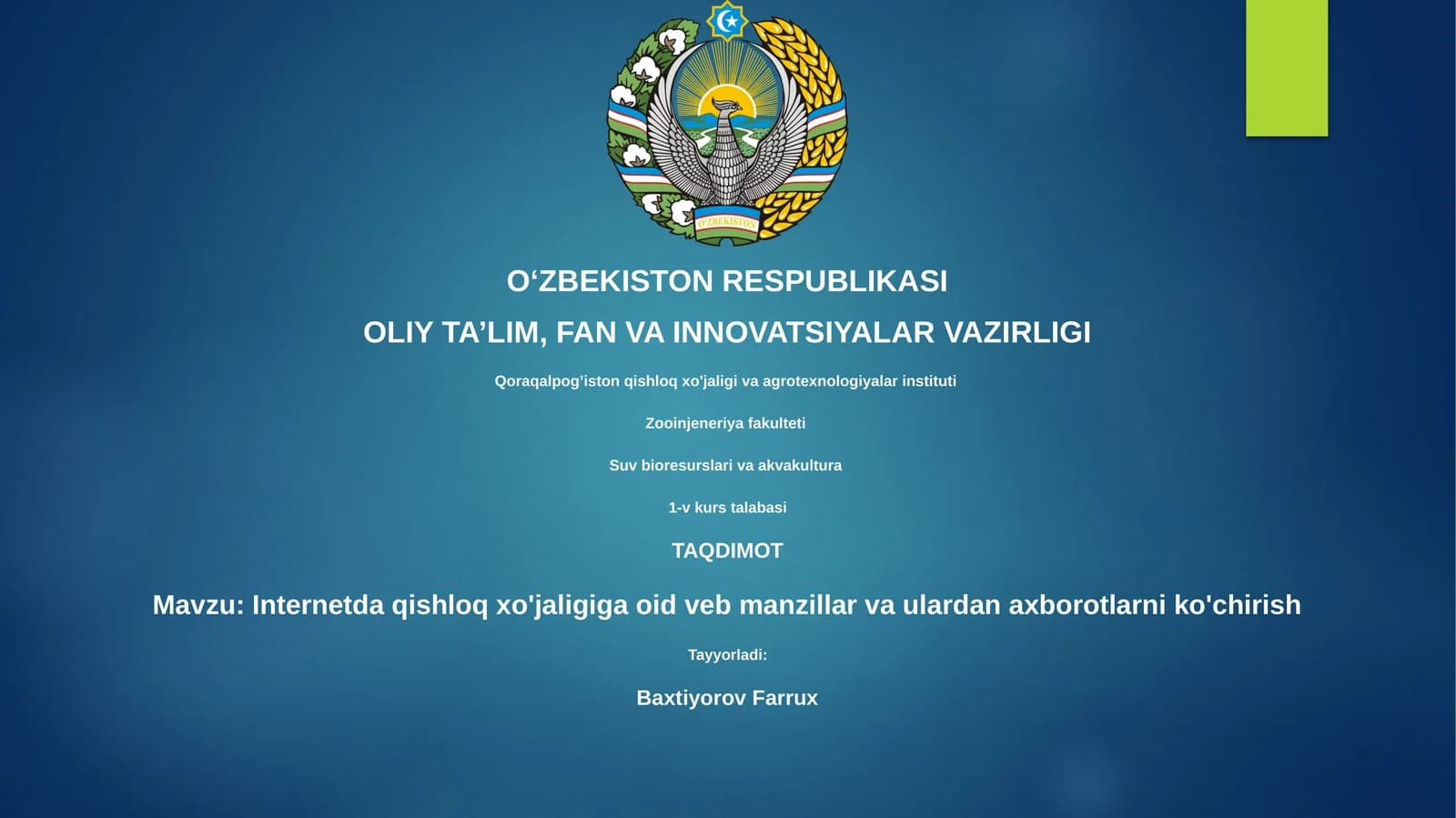 Internetda Qishloq xo'jaligiga oid veb manzillar va ulardan axborotlarni ko'chirish
