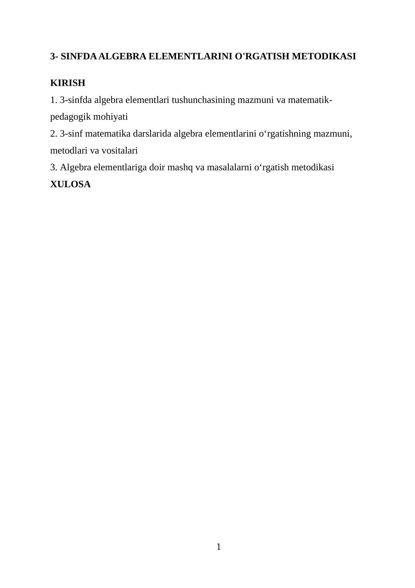 Algebra elementlarini o'rgatish metodikasi