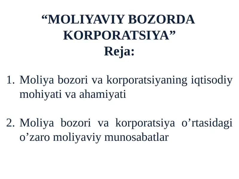 MOLIYAVIY BOZORDA KORPORATSIYA