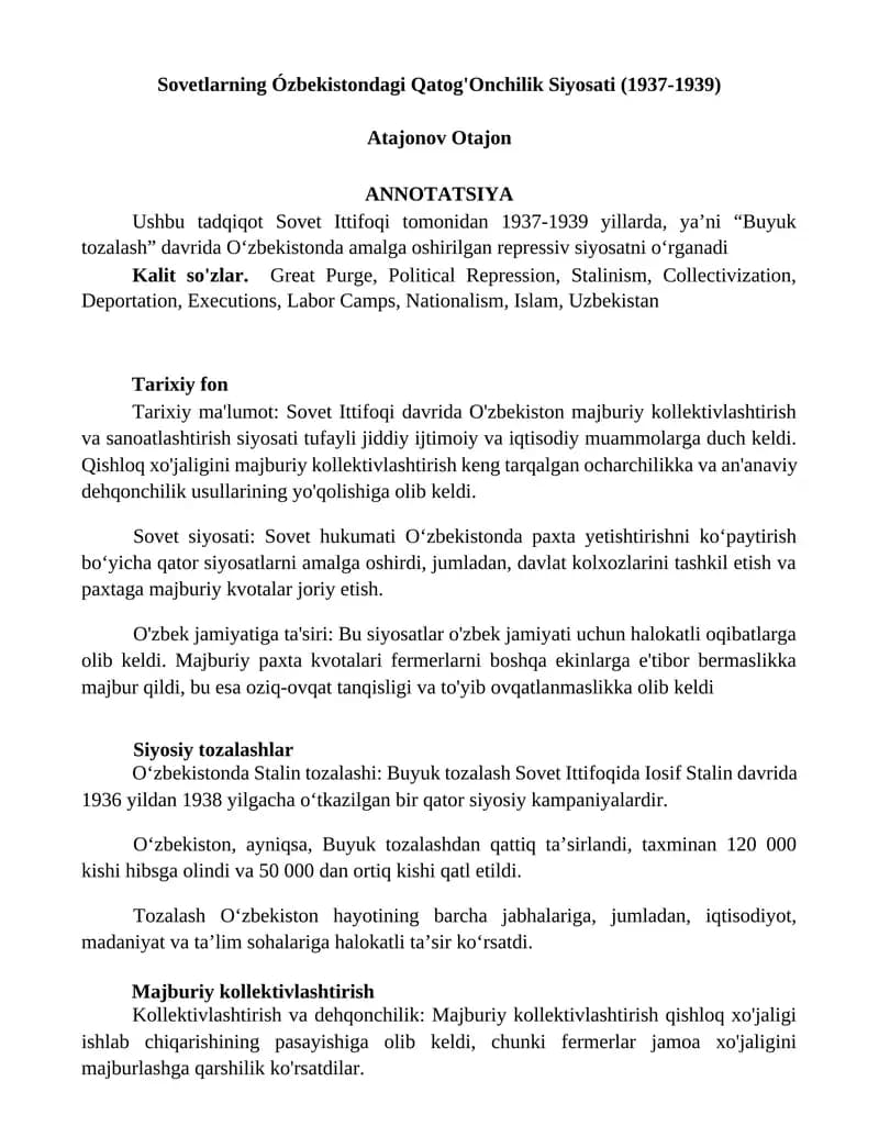 Sovetlarning Ózbekistondagi Qatog'Onchilik Siyosati (1937-1939)