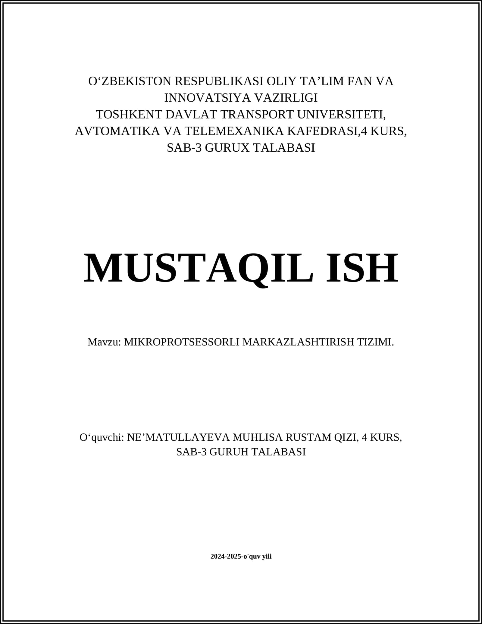 MIKROPROTSESSORLI MARKAZLASHTIRISH TIZIMI