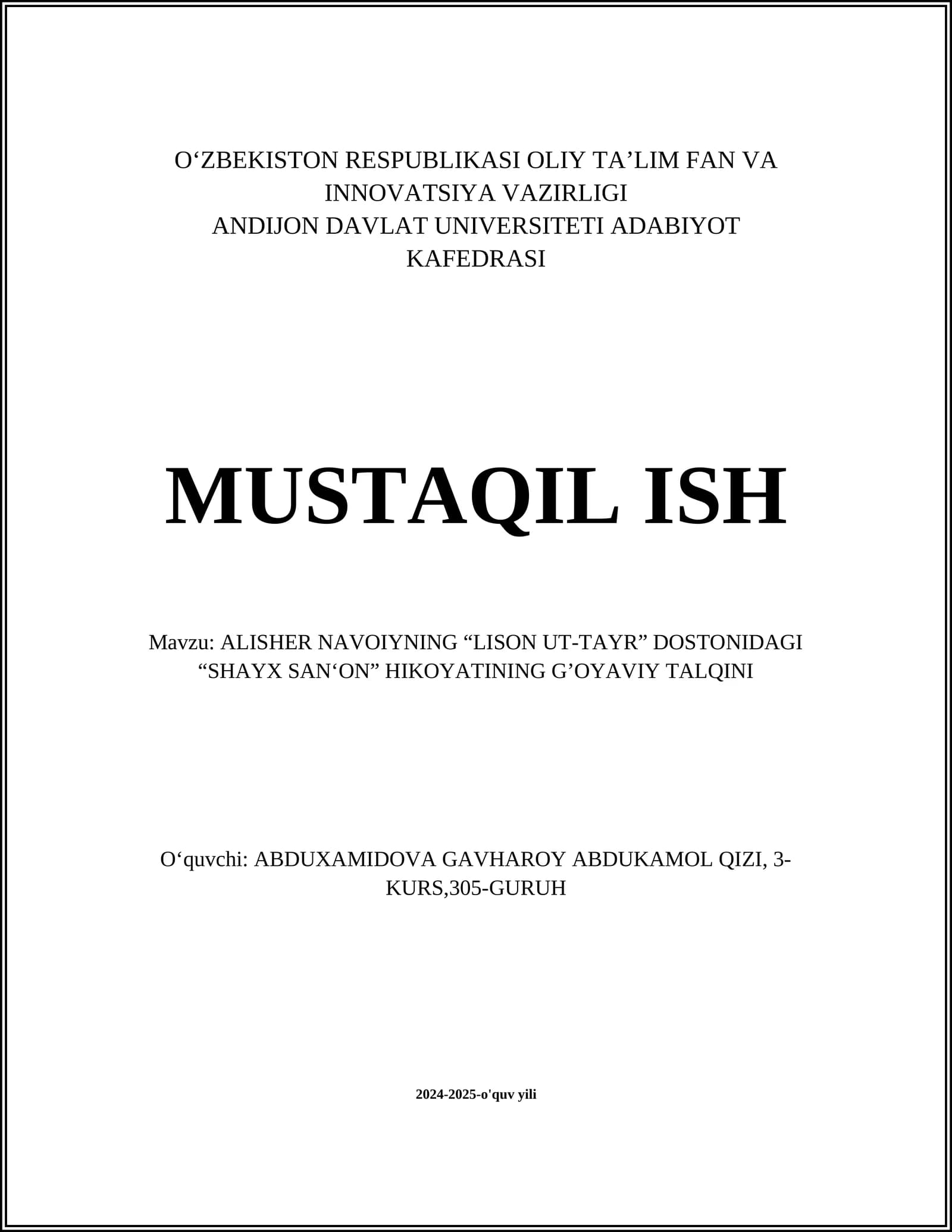 ALISHER NAVOIYNING “LISON UT-TAYR” DOSTONIDAGI “SHAYX SANʻON” HIKOYATINING G’OYAVIY TALQINI