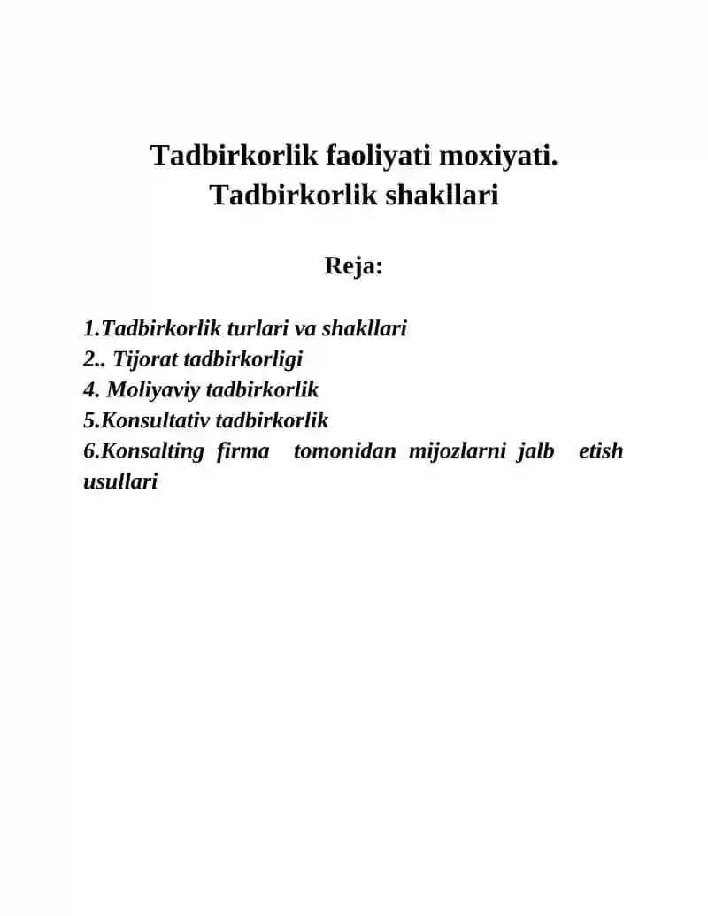 Tadbirkorlik faoliyati moxiyati