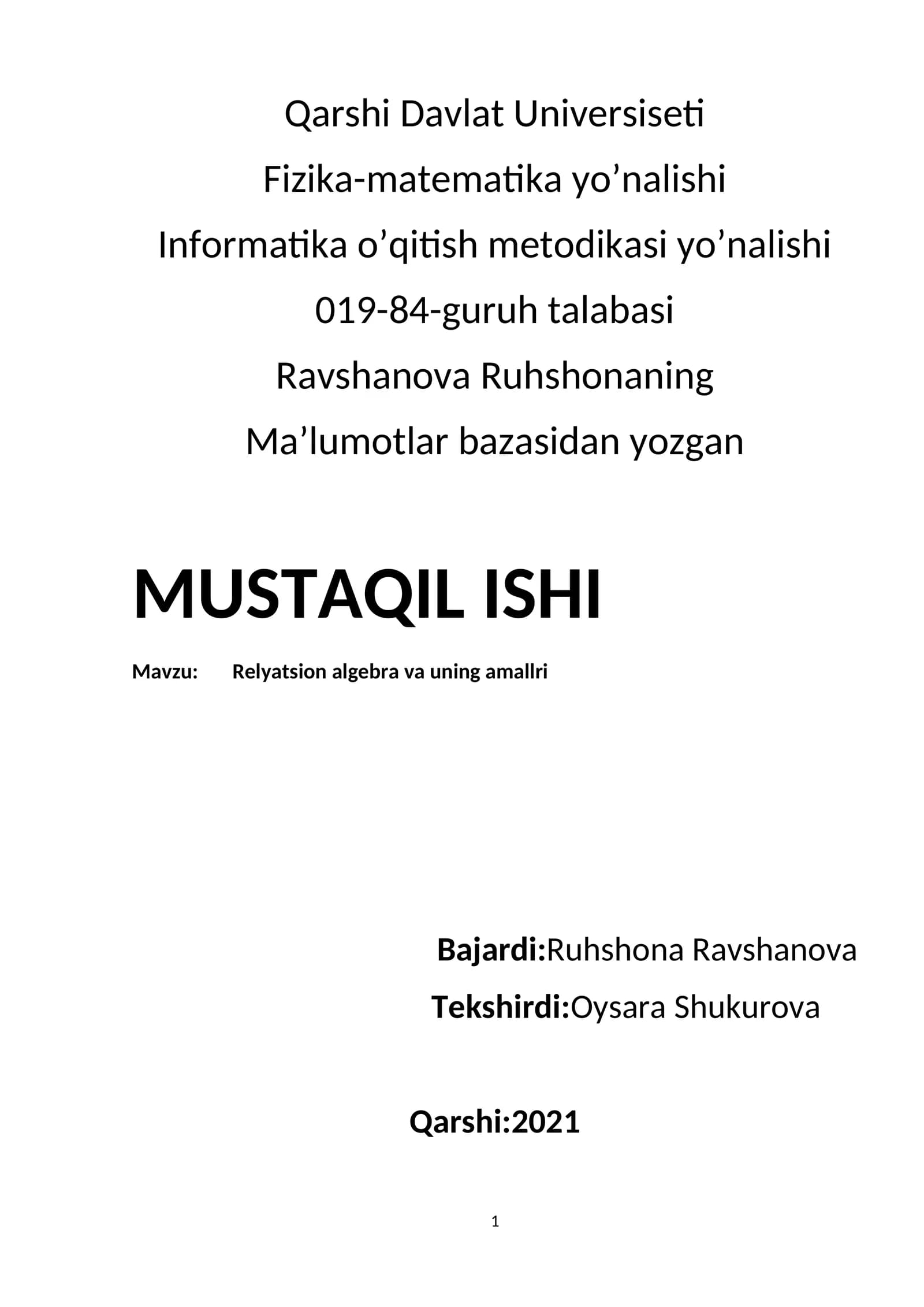 Relyatsion algebra va uning amallri