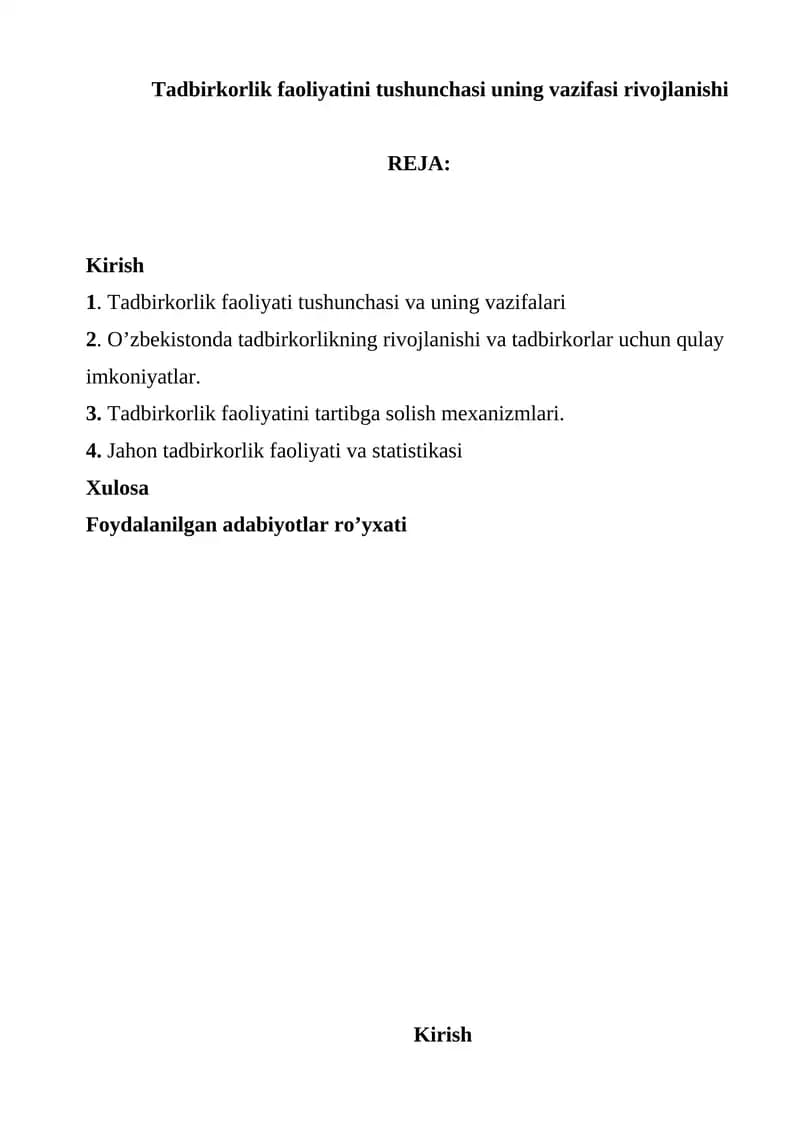 Tadbirkorlik faoliyatini tushunchasi va uning vazifalari