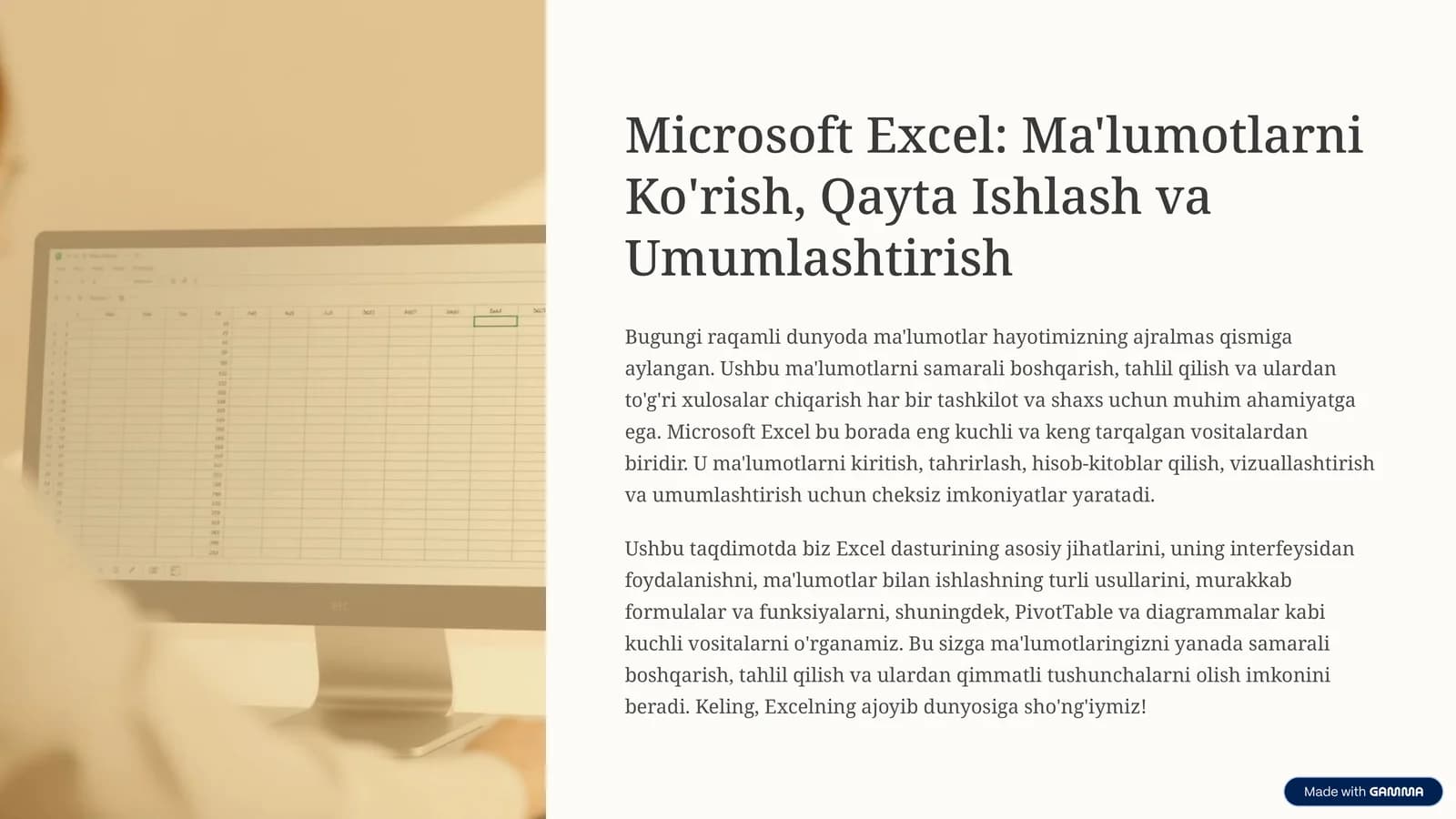 Microsoft Excel: Ma'lumotlarni Ko'rish, Qayta Ishlash va Umumlashtirish