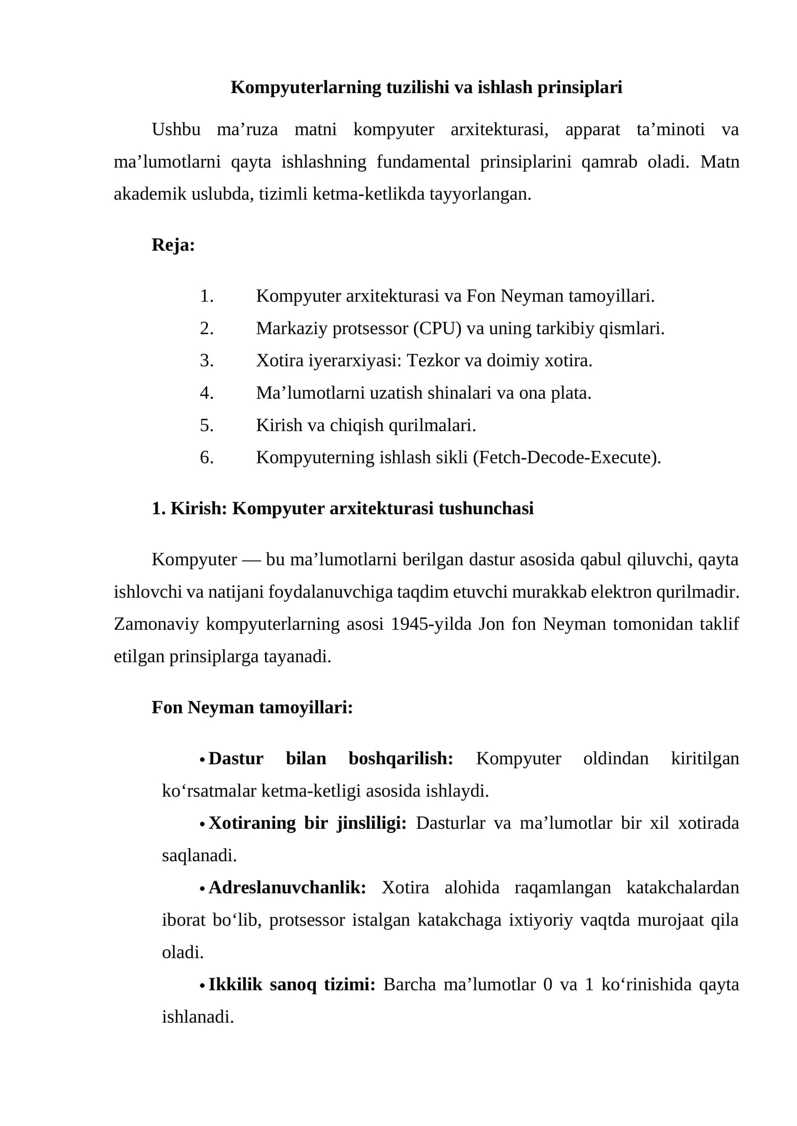 Kompyuterlarning tuzilishi va ishlash prinsiplari