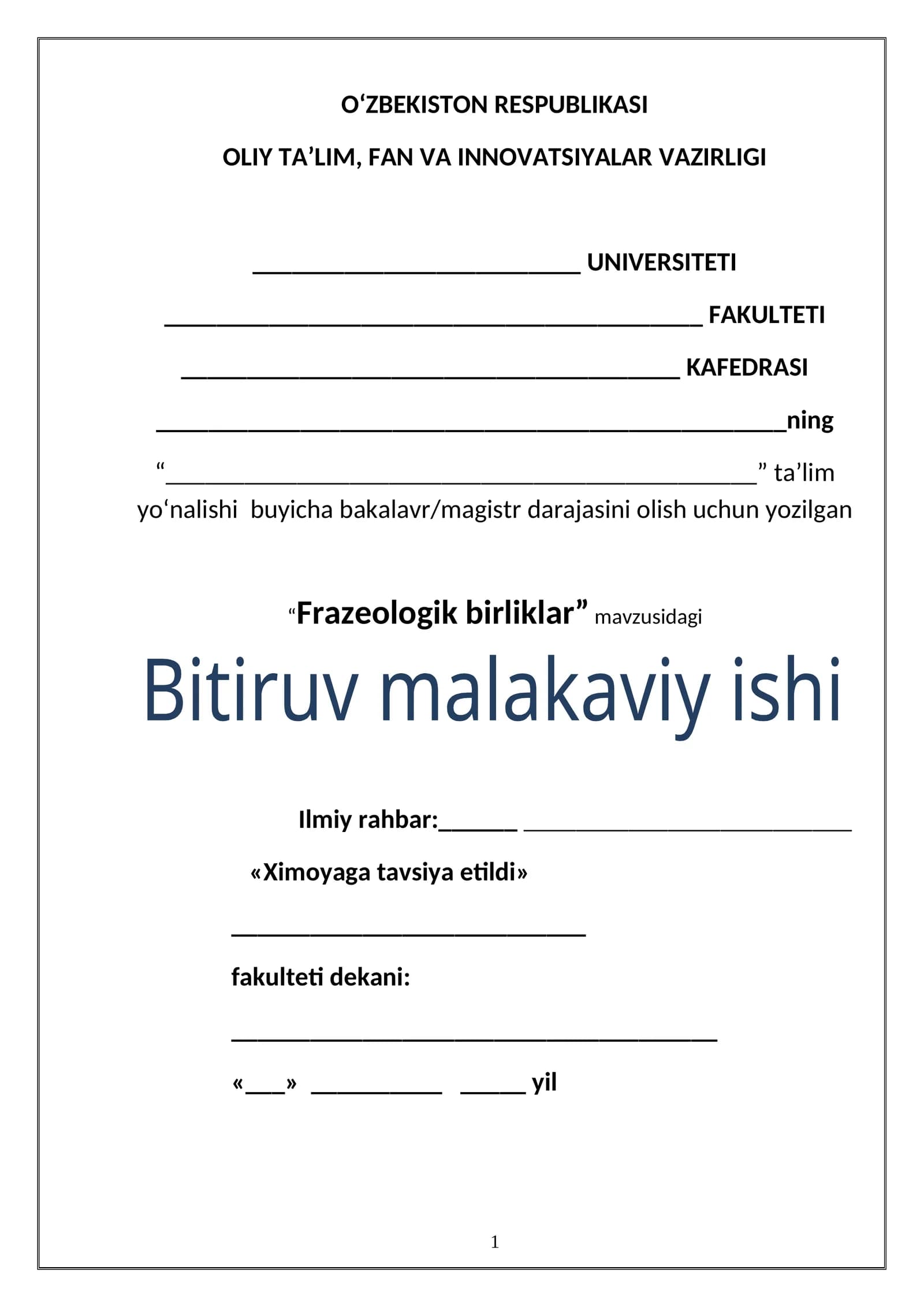 Frazeologik birliklar mavzusidagi Bitiruv malakaviy ishi
