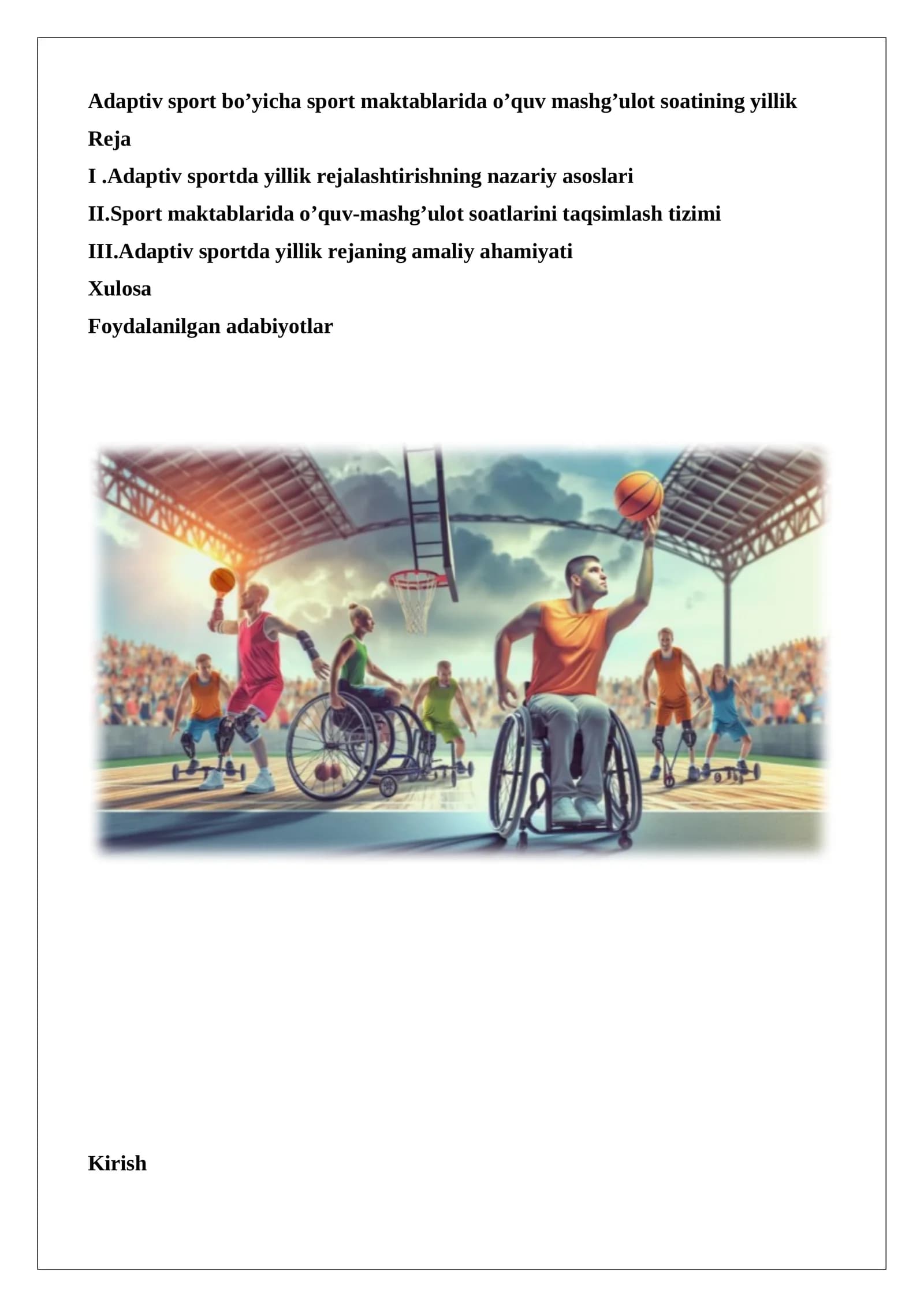 Adaptiv sport bo’yicha sport maktablarida o’quv mashg’ulot soatining yillik reja