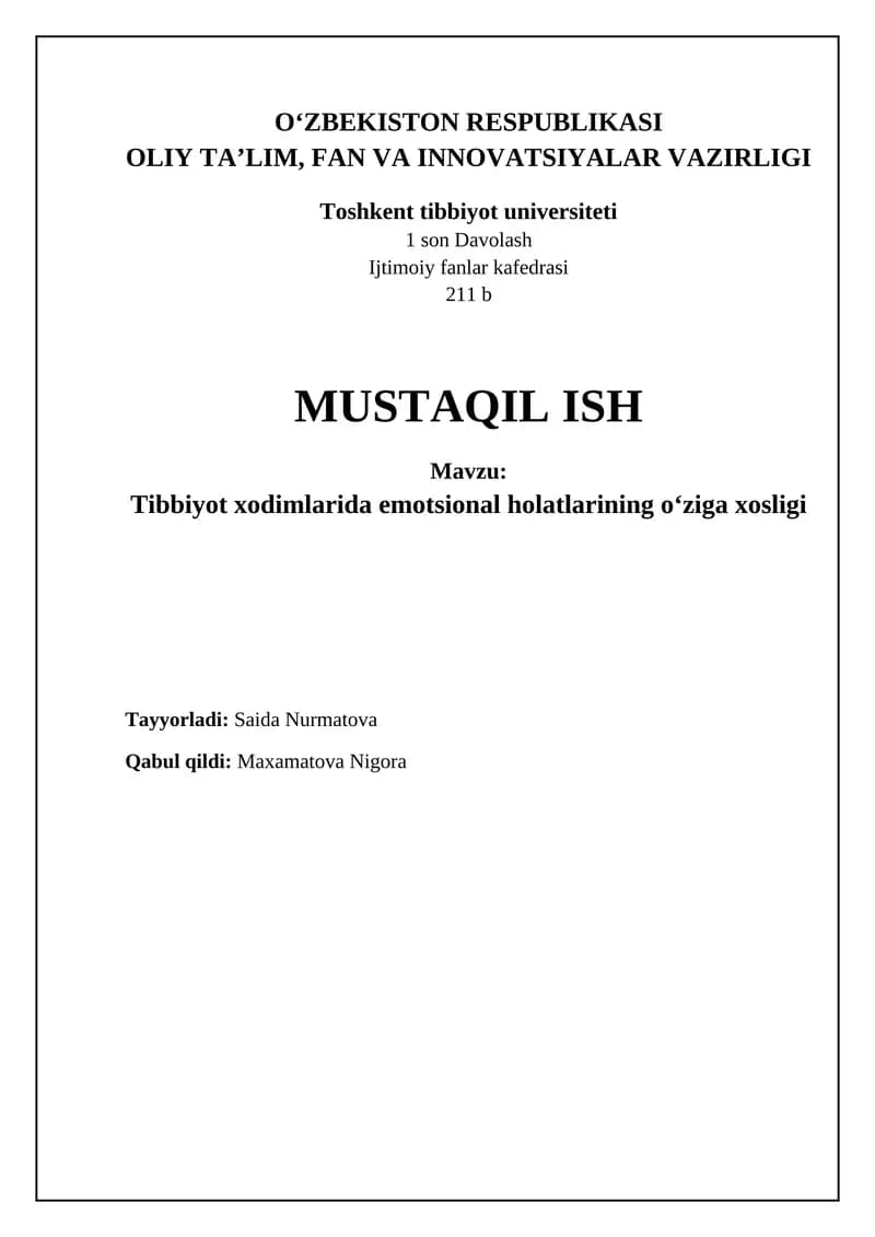Tibbiyot xodimlarida emotsional holatlarining oʻziga xosligi