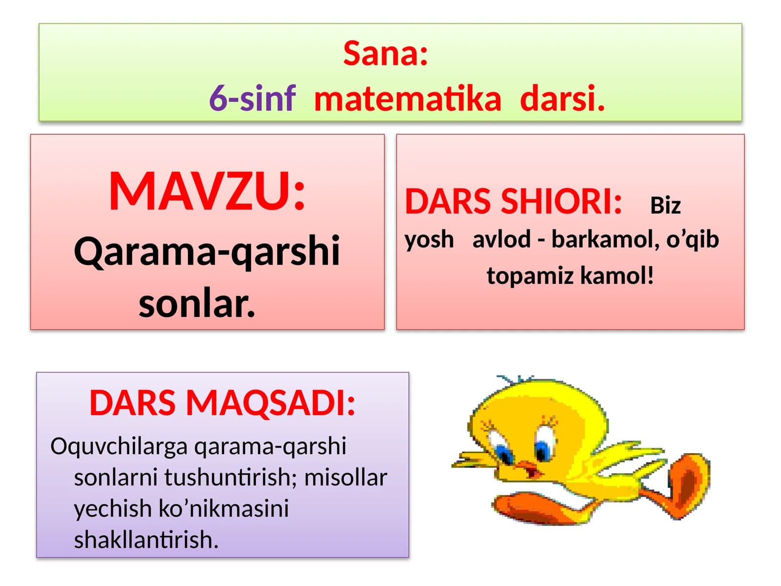 6-sinf Matematika ochiq dars ishlanma. Qarama-qarshi sonlar