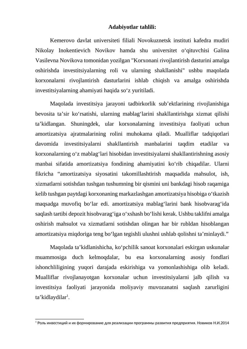 Korxonani rivojlantirish dasturini amalga oshirishda investitsiyalarning roli va ularning shakllanishi