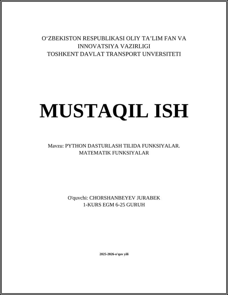 PYTHON DASTURLASH TILIDA FUNKSIYALAR