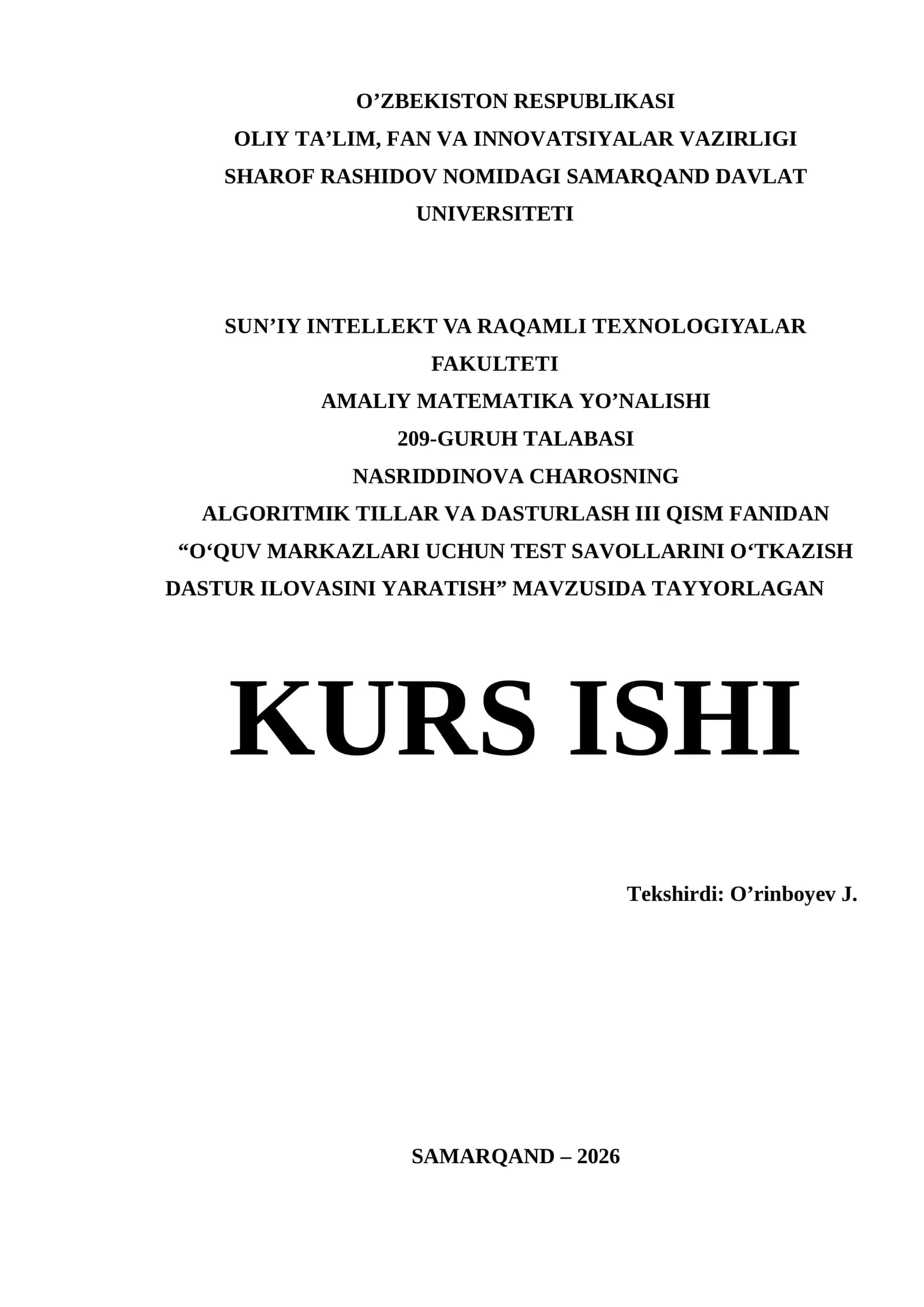 Visual Studio da Kurs ishi - OʻQUV MARKAZLARI UCHUN TEST SAVOLLARINI OʻTKAZISH DASTUR ILOVASINI YARATISH
