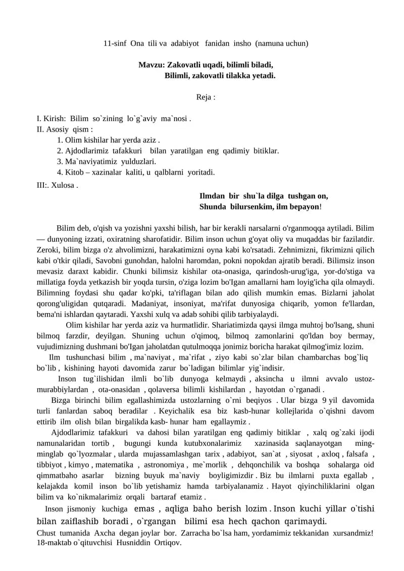 11-sinf Ona tili va adabiyot fanidan insho (namuna uchun)