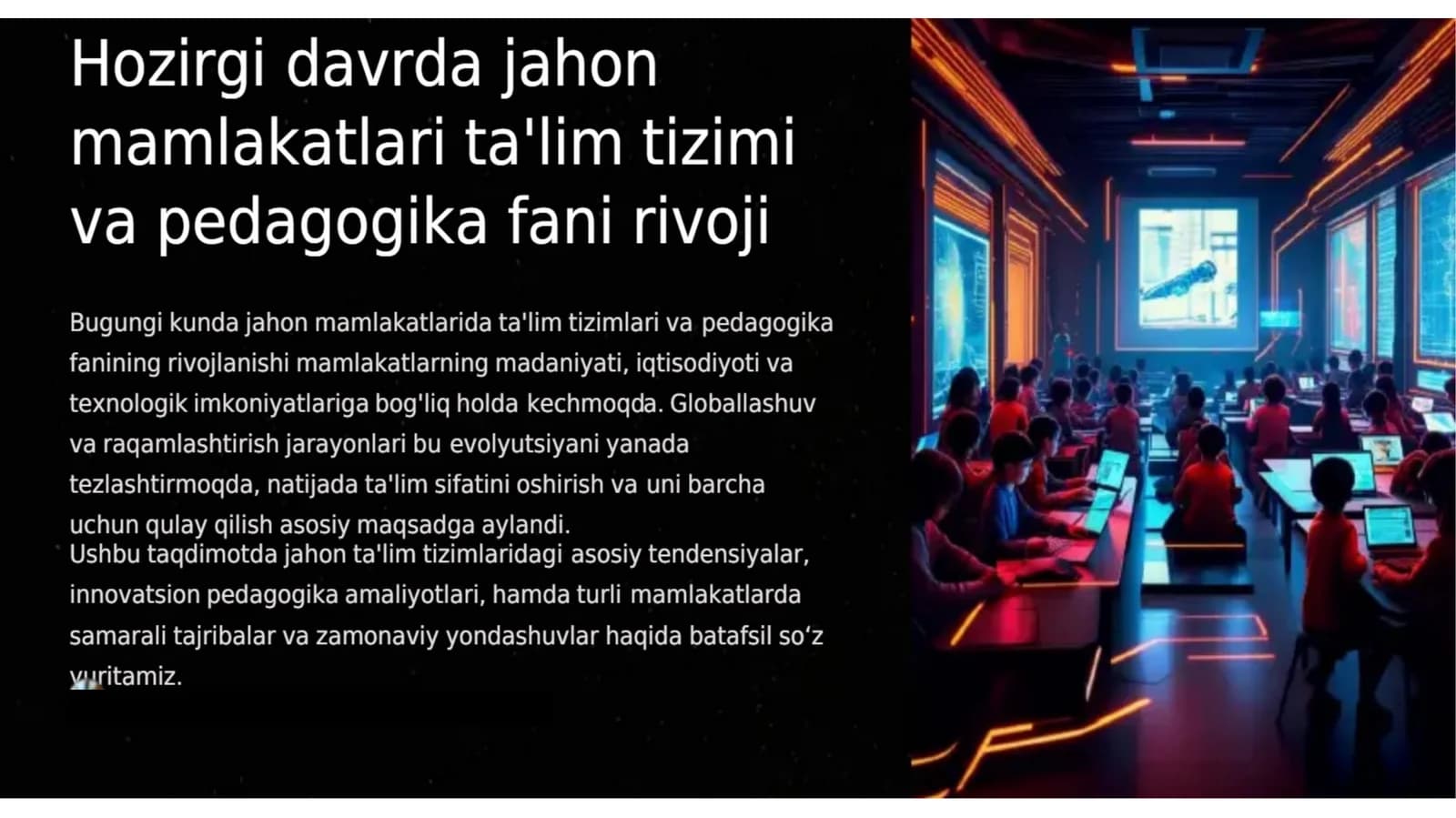 A13   Boshlangʻich ta'limda tarbiya jarayoning zamonaviy    A14   Hozirgi davrda jahon mamlakatlari boshlang‘ich ta’lim tizimi va pedagogika fani rivoji.   A15  Boʻlajak boshlang'ich sinf o'qituvchilarining xalqaro ta'lim dasturlari bo'yicha ko'nikmasini tarkib toptirish   A16  Boshlang'ich sinf oʻquvchilarinig rivojlanishini ta'minlash metodikasi Boshlang'ich sinf oʻquvchilarini jismoniy riv  Hozirgi davrda jahon mamlakatlari ta’lim tizimi va pedagogika fani rivoji.