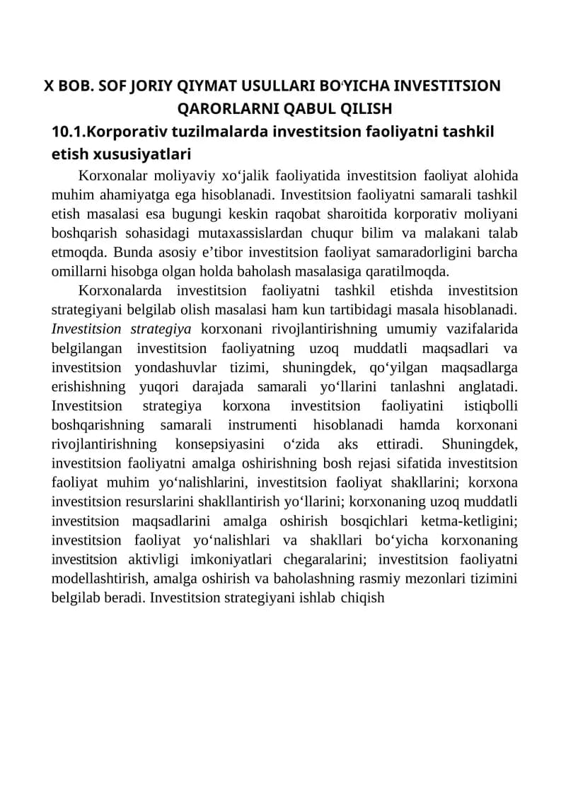 SOF JORIY QIYMAT USULLARI BOʻYICHA INVESTITSION QARORLARNI QABUL QILISH