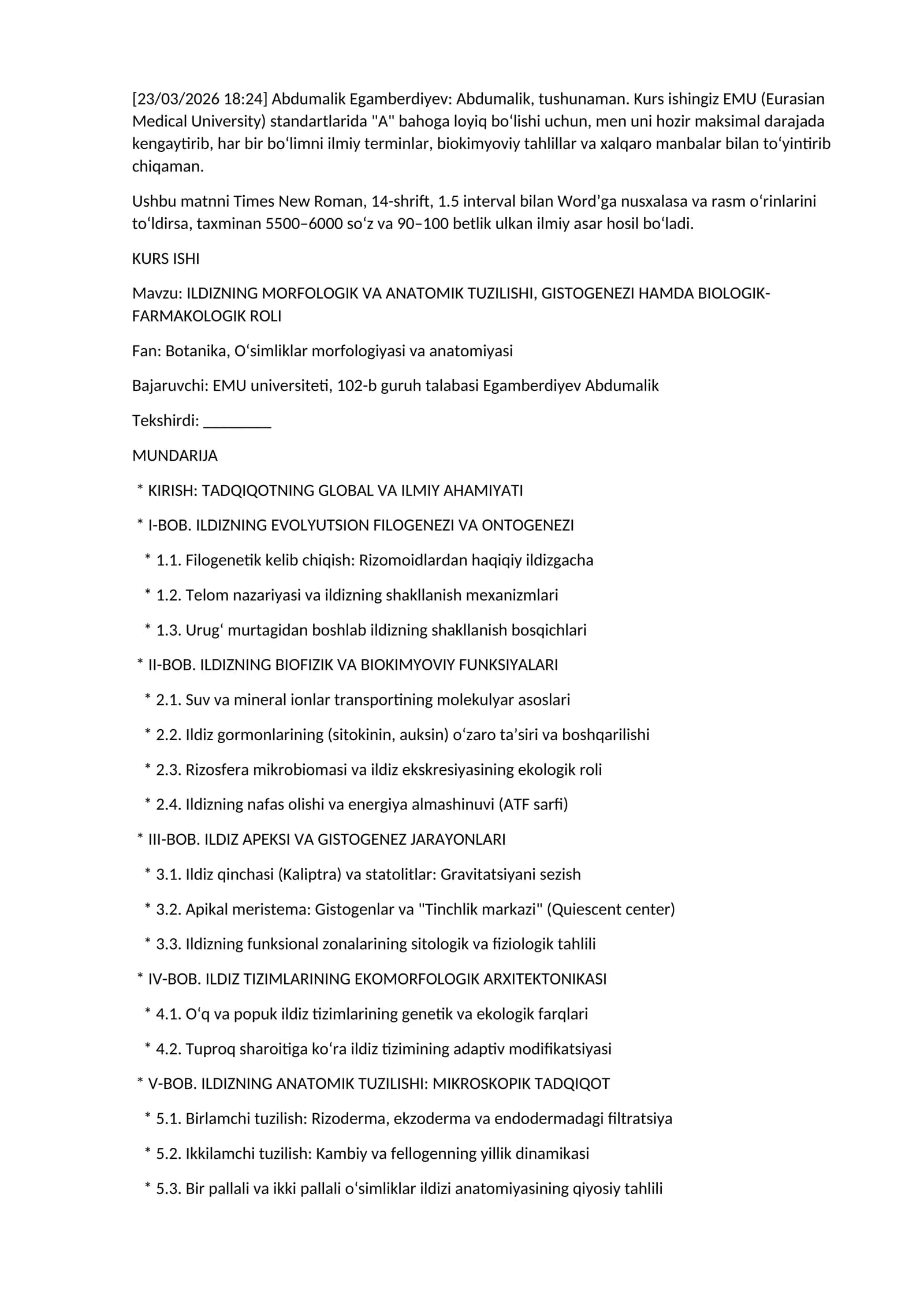 ILDIZNING MORFOLOGIK VA ANATOMIK TUZILISHI, GISTOGENEZI HAMDA BIOLOGIK-FARMAKOLOGIK ROLI