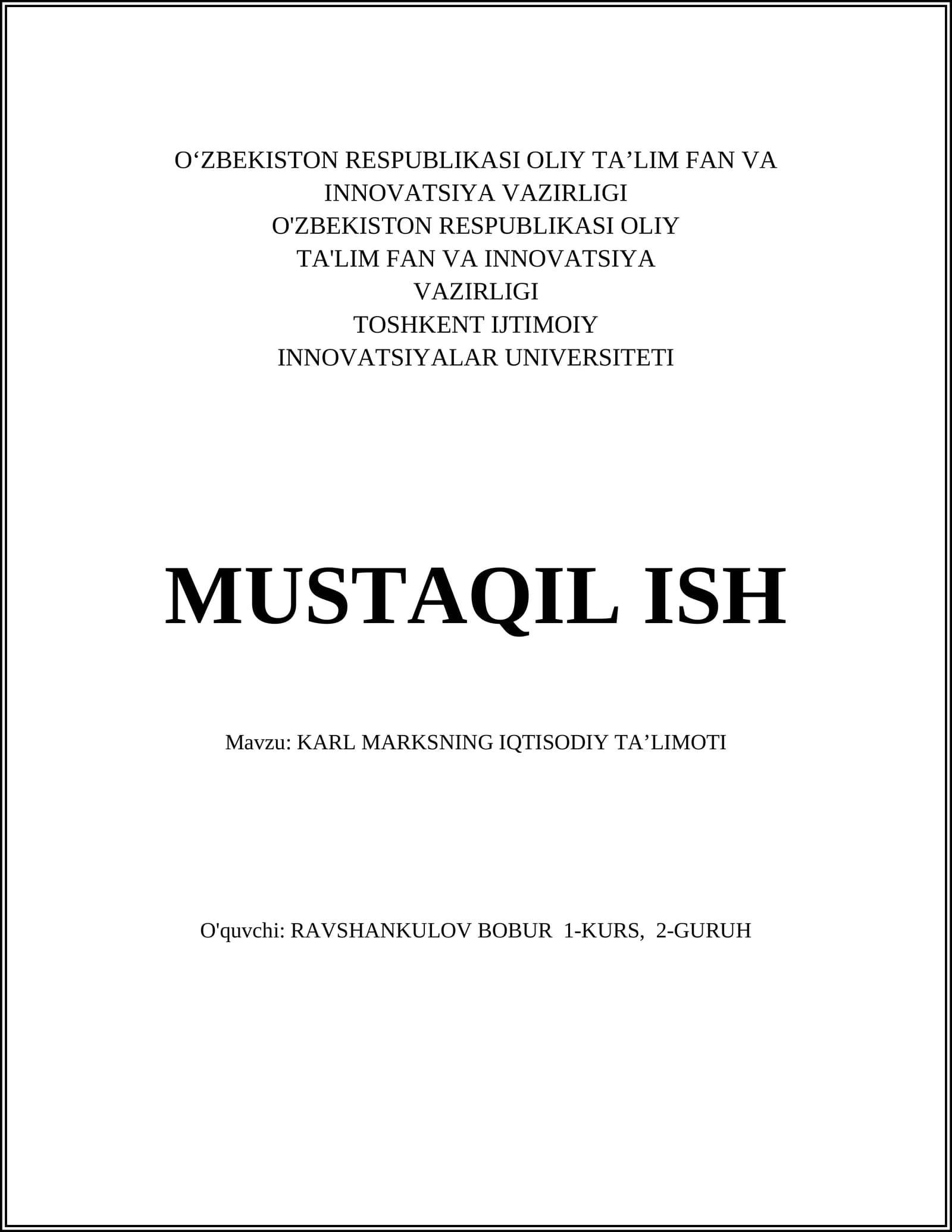 KARL MARKSNING IQTISODIY TA’LIMOTI